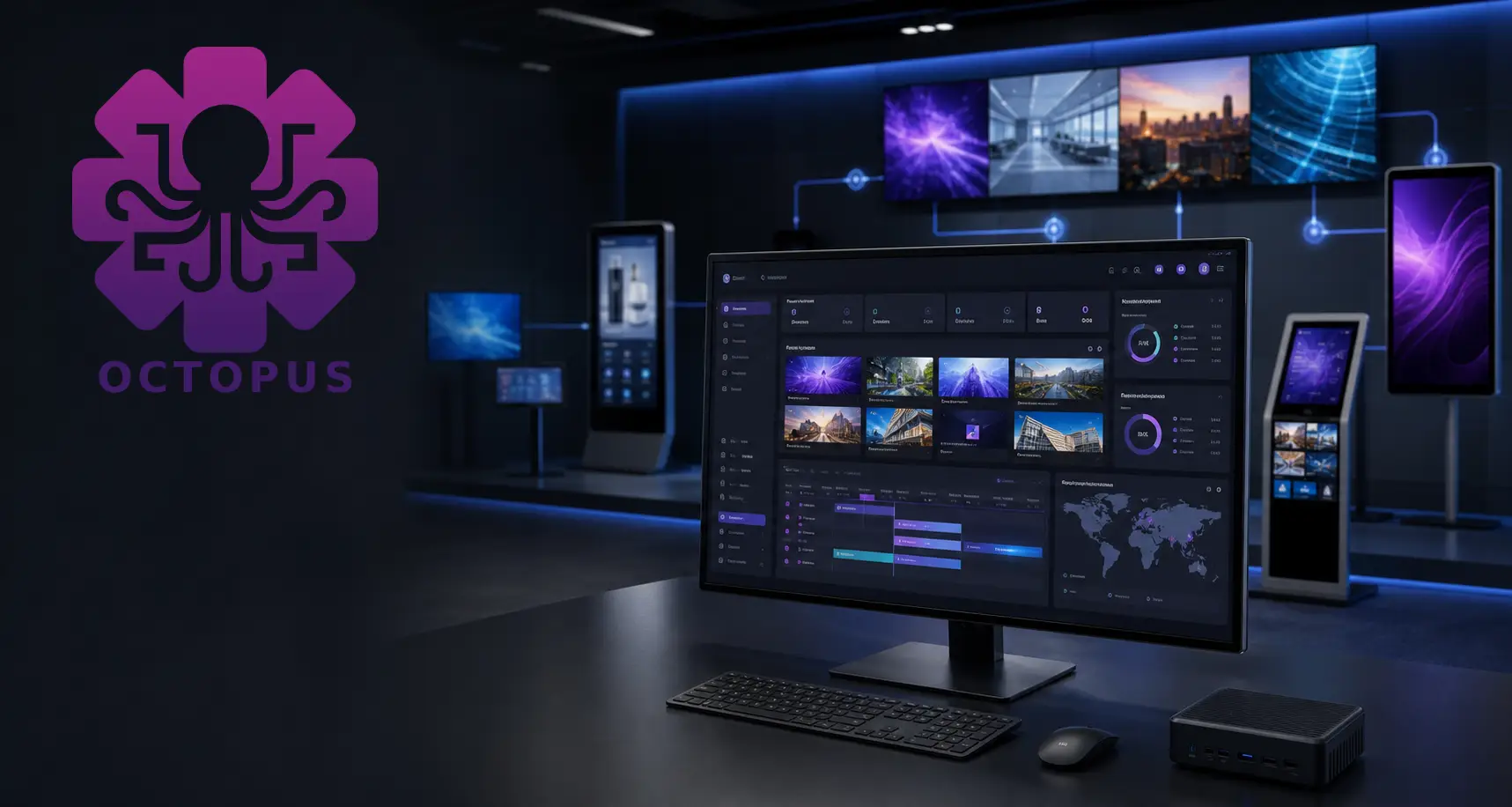 Octopus signage management dashboard controlling multiple screens