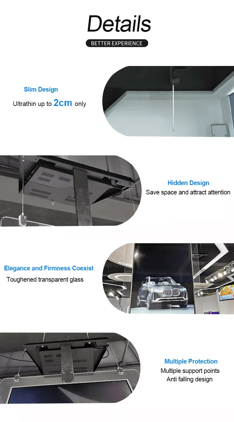 OLED display details panel showing slim design, hidden design, toughened transparent glass, and anti-falling support